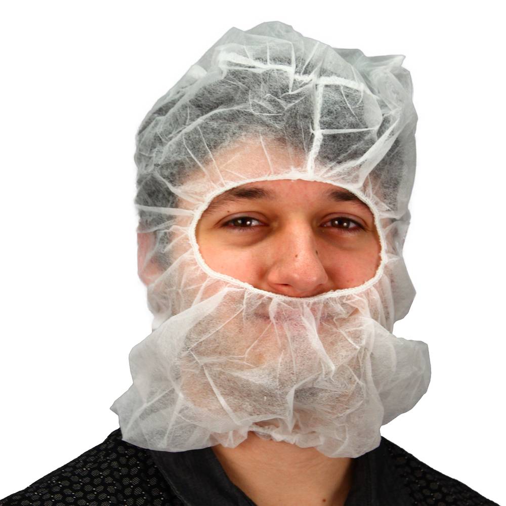 M2302W-XLONG Safety Zone® Polylite® (Polypropylene) Hood Bouffant/Beard Cover Combo (Balaclava Style), Extra Long, White